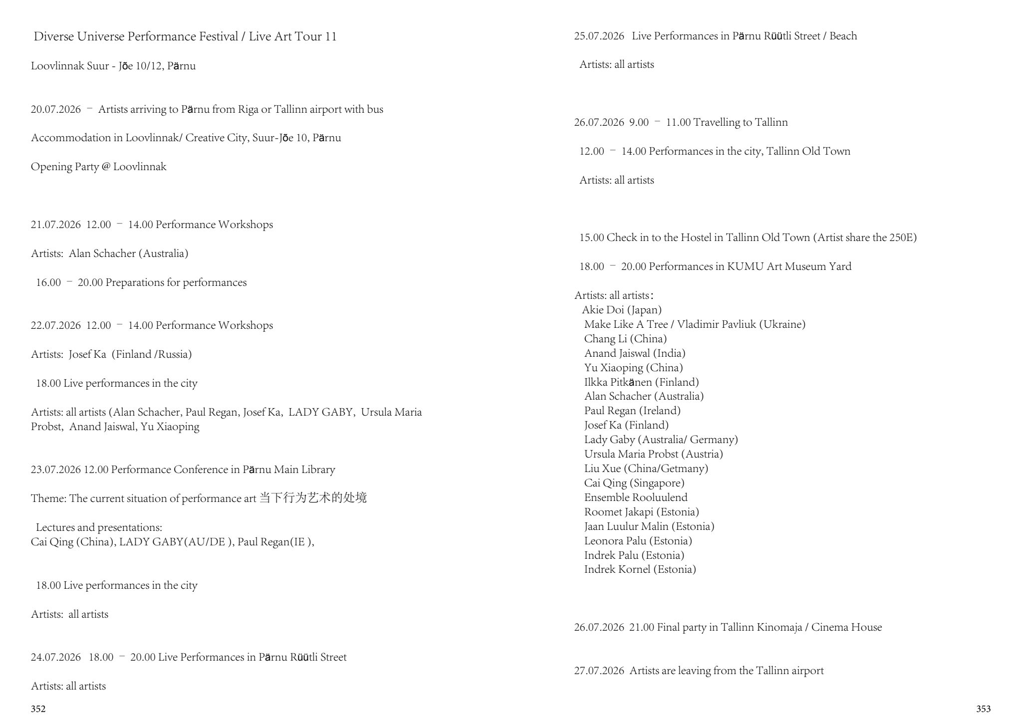 Live Art Tour 11 schedule